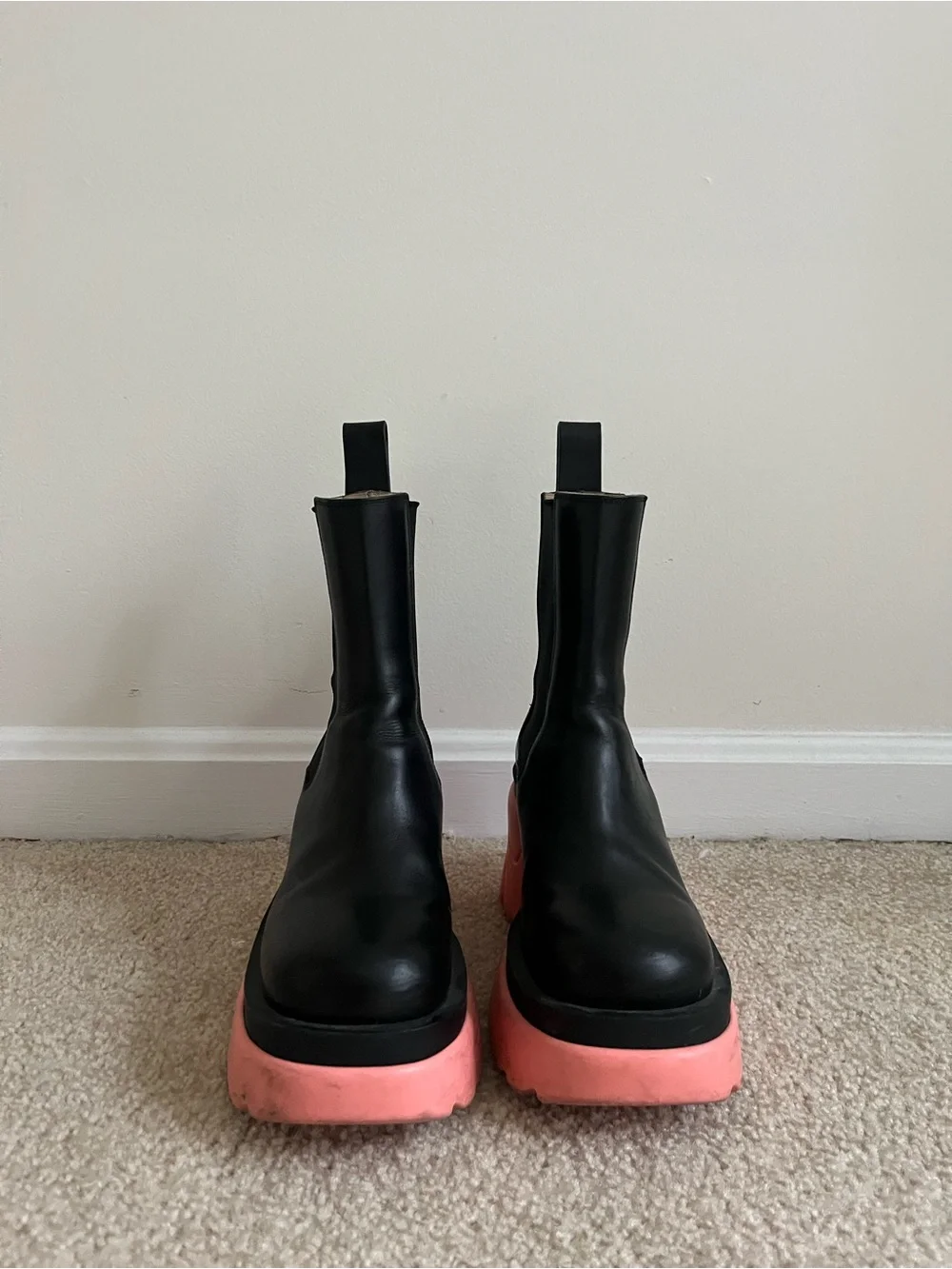 Bottega Veneta Black Leather Chelsea Boots with Coral Pink Platform